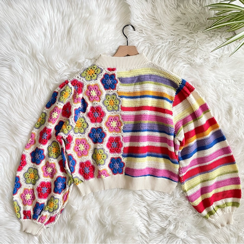 FARM Rio Rainbow Handmade Crochet Sweater Multicolor Mock Neck Women's Large NWT - Picture 14 of 16